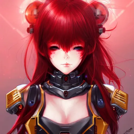 Image similar to cute red armored cyborg - anime girl by ross draws, long gold hair, yellow eyes, extreme high intricate details by wlop, digital anime art, black shadows, stylized shading