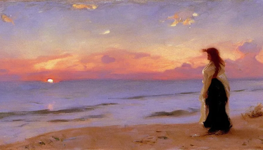 Prompt: wide scene of an angelic, glowing woman singing on the beach, overlooking the sea during sunset, by john singer sargent