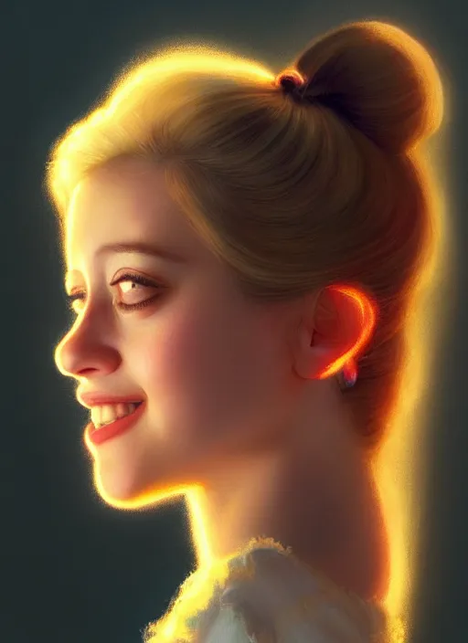 Image similar to portrait of lili reinhart with fluffy bangs, smiling kindly, bangs, 1 9 6 0 s, ponytail, curly bangs and ponytail, rounder face, intricate, elegant, glowing lights, highly detailed, digital painting, artstation, concept art, smooth, sharp focus, illustration, art by wlop, mars ravelo and greg rutkowski