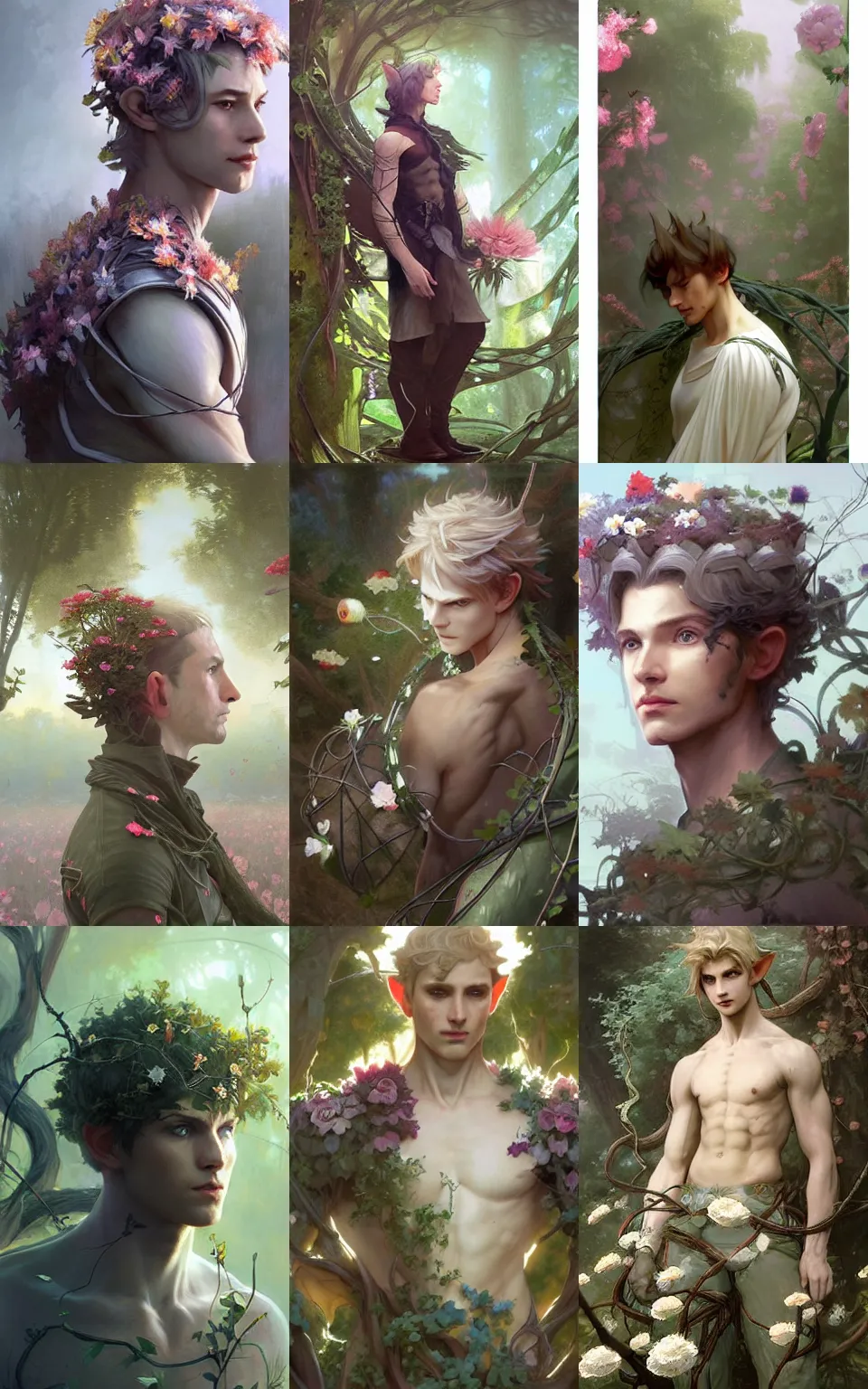 Prompt: concept art, elf prince covered in flowers and roots and vines, style digital painting, concept art, smooth, sharp focus, illustration, from metal gear, by ruan jia and mandy jurgens and william - adolphe bouguereau, artgerm