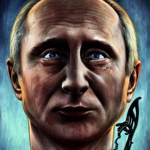 Prompt: portrait of vladimir putin who became an ugly lovecraftian monstrous degenerate abomination, photo - realistic, color image, 2 k, highly detailed, horror, by giger