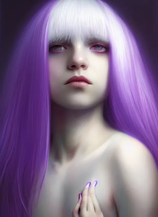 Image similar to hair whitebangs hair, black hair, whitebangs, portrait of teenage girl with white bangs, red irises, purple clothes, white bangs, bangs are different color from hair, intricate, elegant, glowing lights, highly detailed, digital painting, artstation, concept art, smooth, sharp focus, illustration, art by wlop, mars ravelo and greg rutkowski