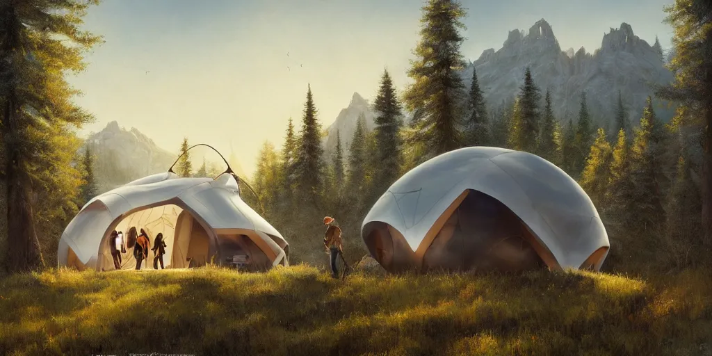 Image similar to cabela's tent futuristic pop up family pod, cabin, modular, person in foreground, mountainous forested wilderness open fields, beautiful views, painterly concept art, joanna gaines, environmental concept art, farmhouse, magnolia, concept art illustration by ross tran, by james gurney, by craig mullins, by greg rutkowski trending on artstation