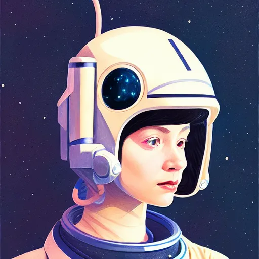 Prompt: A portrait of a girl wearing a vintage sci-fi astronaut helmet and holding a blaster, face, intricate, elegant, highly detailed, digital painting, artstation, concept art, smooth, sharp focus, illustration, art by phil noto and rebecca guay and james jean