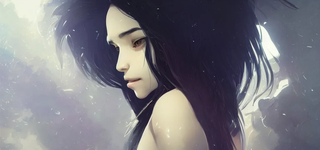 Image similar to Young Himalayan woman leaning against a wall | night time scene, plain walls |somber, white eyes, long messy hair | gentle lighting, futuristic, dim lighting, digital art by Makoto Shinkai ilya kuvshinov and Wojtek Fus, digital art, concept art,