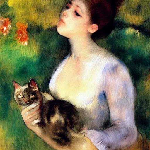 Image similar to Ciri holding a cat, art, minimalistic painting, watercolor on paper, high quality, by Edgar Degas, by Renoir