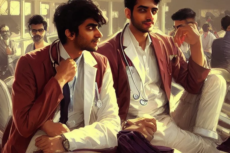 Image similar to Enraged good looking pale young Indian doctors wearing American clothes chatting at the airport, portrait, elegant, intricate, digital painting, artstation, concept art, smooth, sharp focus, illustration, art by artgerm and greg rutkowski and alphonse mucha
