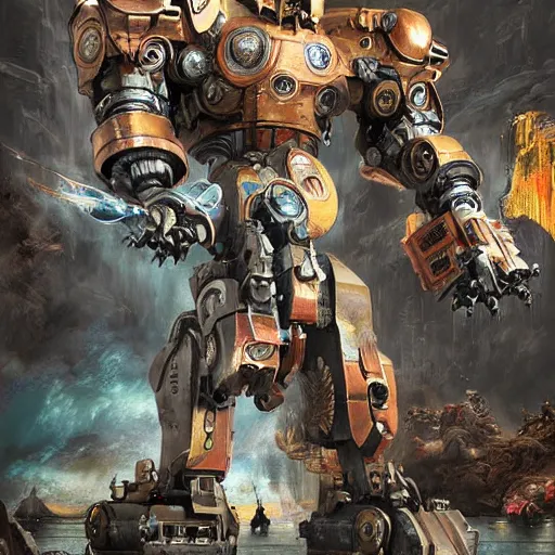 Prompt: pacific rim robots, steam punk, 70's sci-fi, extremely detailed digital painting, in the style of Fenghua Zhong and Ruan Jia and Jermy lipking and peter mohrbacher, mystic colors, highly detailed, deep aesthetic, 8k, highly ornate intricate details, cinematic lighting, rich colors, digital artwork, ray tracing, hyperrealistic, photorealistic, cinematic landscape, trending on artstation,