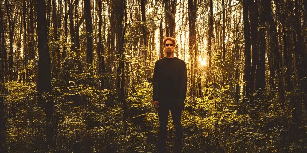 Image similar to mixture between a human and crow, golden hour, photograph captured in a forest