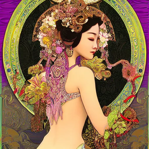 Image similar to beautiful bali princess by kittichai rueangchaichan, floralpunk, Artstation, art nouveau aesthetic, Alphonse Mucha background, intricate details, photo realistic, dramatic