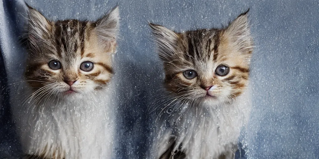 Image similar to shower curtain product catalog. wide - angle photo. on the curtain is a low - angle hero - shot watercolor of promotional still of a fluffy wet tabby kitten wrapped in a towel. the water color has ink under drawing. highly coherent, product photography of a shower curtain, product lighting. 4 k, highly detailed. saturated.