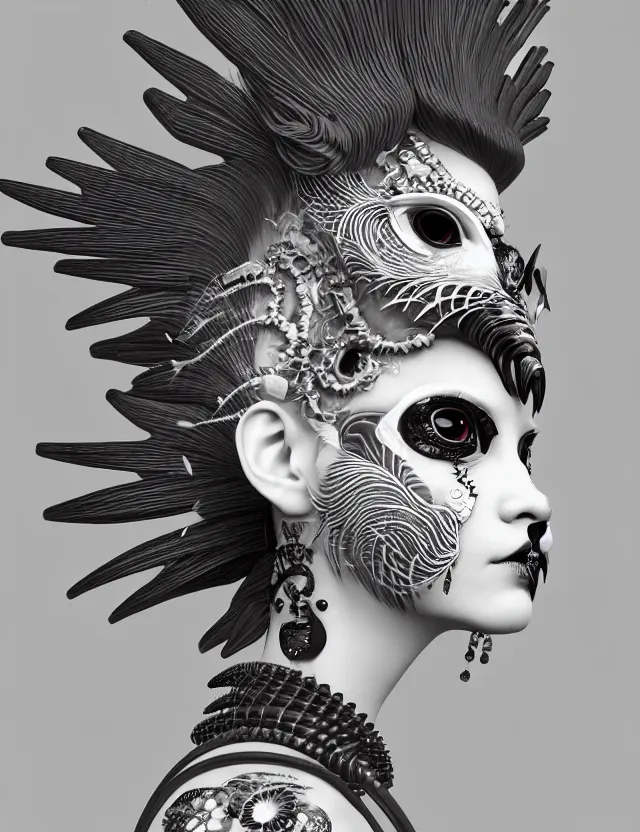 Image similar to 3 d goddess close - up profile portrait punk with mohawk with ram skull. beautiful intricately detailed japanese crow kitsune mask and clasical japanese kimono. betta fish, jellyfish phoenix, bio luminescent, plasma, ice, water, wind, creature, artwork by tooth wu and wlop and beeple and greg rutkowski