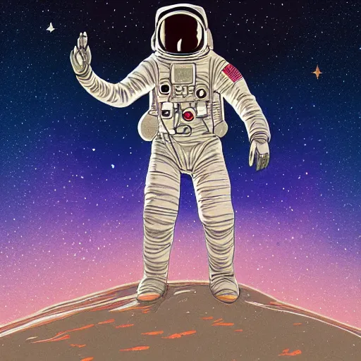 Image similar to glowing astronaut inspired by René Laloux, Dan Mumford, Greg rutkowski,stars, cinematic