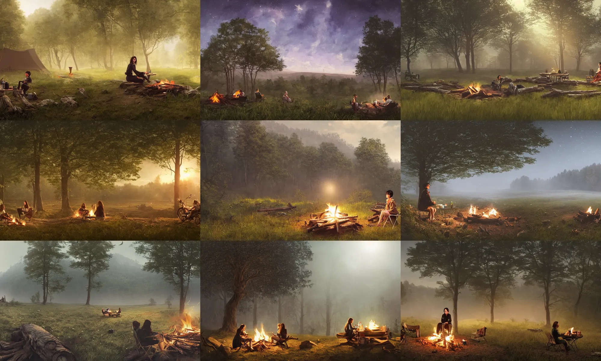 Prompt: A panoramic photograph of a girl with short black hair in a tan tenchcoat sitting on a log and drinking tea by the campfire under the stars at night in a grove, motorcycle parked against a tree, large landscape with a village in the valley, ray tracing cinematic trailer, Jakub Rozalski