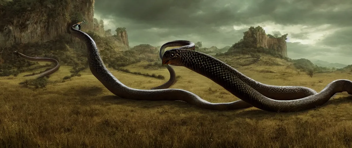 Prompt: a giant snake near a village, high detail, 8k, ornate, dark fantasy, maximalist, realistic, masterpiece, complex, WLOP, film still from the movie directed by Denis Villeneuve with art direction by Salvador Dalí