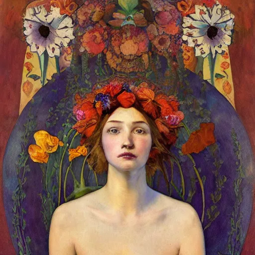 Image similar to flower queen, by annie swynnerton and tino rodriguez and nicholas roerich and lucien freud, dramatic lighting, floral tattoos, rich colors, smooth sharp focus, extremely detailed, adolf wolfli