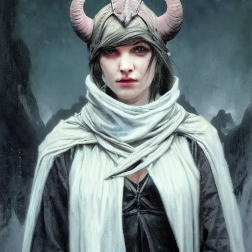 Image similar to masterpiece portrait of a surly and resentful female tiefling thief with horns clothed in ragged clothes and a cloak, by Greg Rutkowski and John Collier and Krenz Cushart and Artem Demura and Alphonse Mucha and Albert Aublet, as seen on ArtStation, 4k, dungeons and dragons, very aesthetic, very detailed, intricate, unreal, fantasy, dramatic, painterly, artstation, sharp focus, smooth