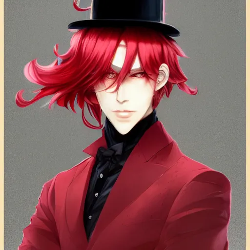 Image similar to semi realistic anime illustration of top hat wearing red haired effeminate man, with beautiful hyperdetailed eyes, facing camera directly, full face portrait made by Stanley Artgerm, WLOP, Rossdraws, James Jean Andrei Riabovitchev, Marc Simonetti, Yoshitaka Amano, Artstation