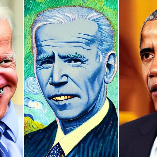 Image similar to a perfect fusion of Joe Biden and Barack Obama, style of Vincent Van Gogh, presidential fusion, mix of Biden and Obama, presidential cross, portrait, oil painting by Van Gogh, 4k photograph of painting