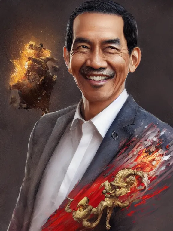 Prompt: photo of president joko widodo with simple smile and clean shaved, paint, detailed, digital art, google images, portrait, hd 4 k, greg rutkowski and gaston bussiere and craig mullins and j. c. leyendecker, hd