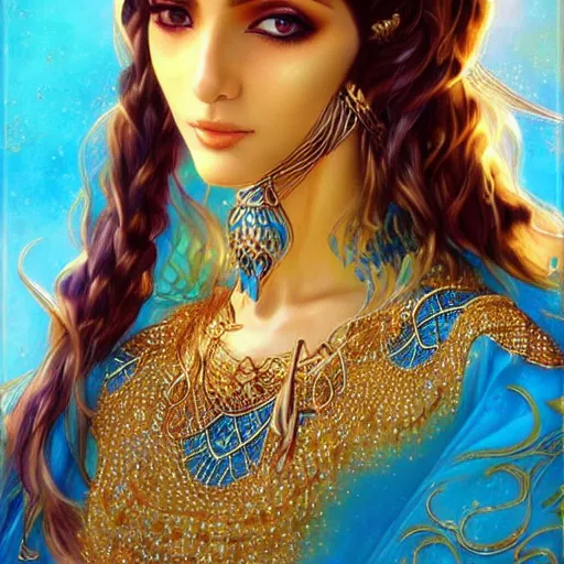 Prompt: a beautiful arabian woman wearing a kaftan by karol bak, ayami kojima, artgerm, arabian beauty, blue eyes, smile, concept art, fantasy