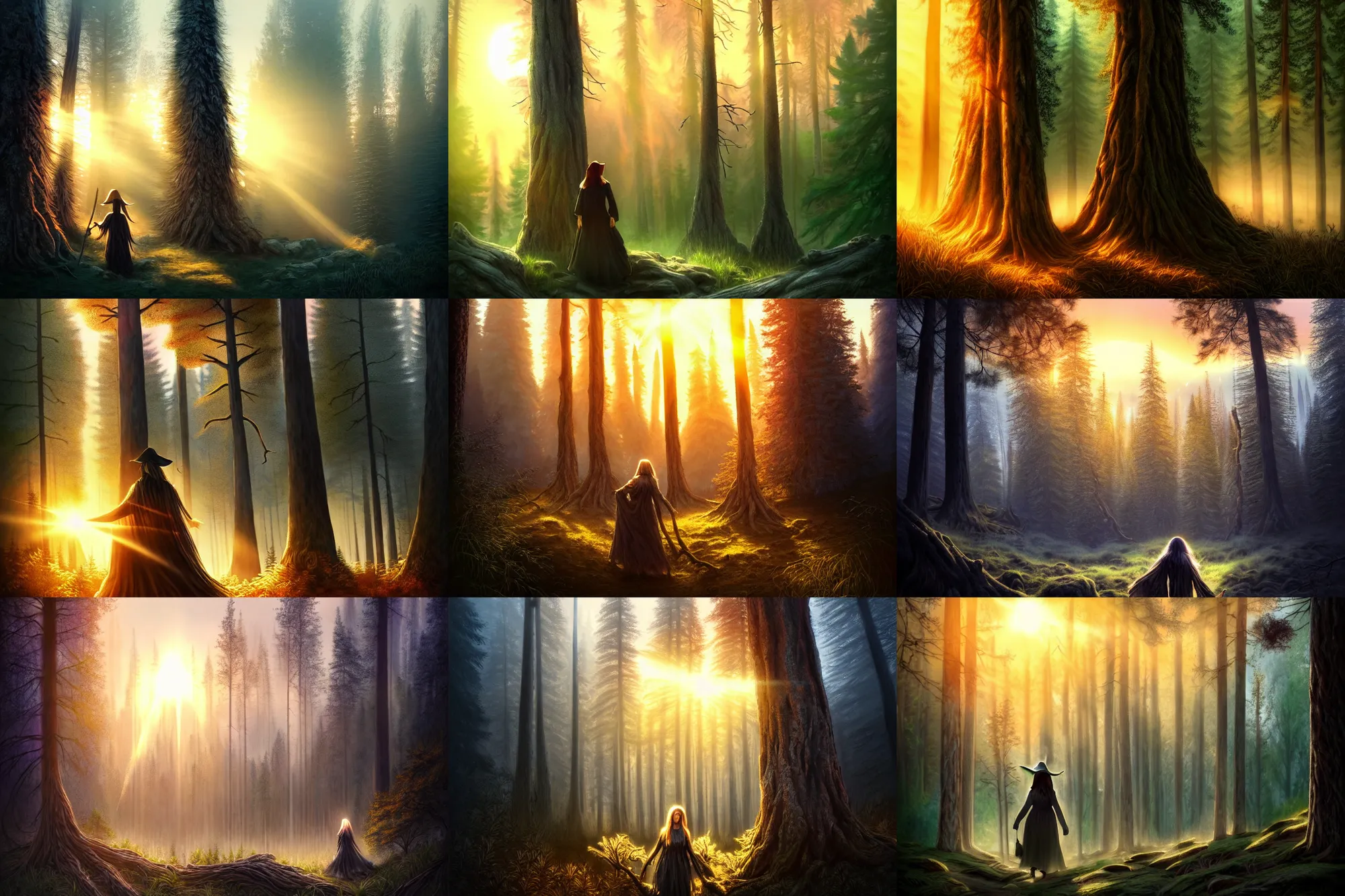 Prompt: ancient witch walking through a forest looking up at a tree during a beautiful sunset, lens flare, mountains in background with incredibly tall trees, highly detailed, hyperrealism high detailed figure, trending on artstation, ancient forest, misty forest, wispy smoke, realistic painting, sharp image, hyper realistic art, high detailed leaves, cinematic, illustration, concept art