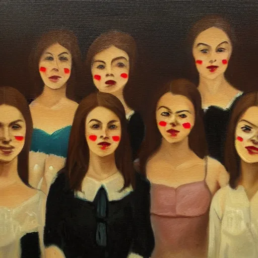 Image similar to Oil painting of a group of creepy young ladies