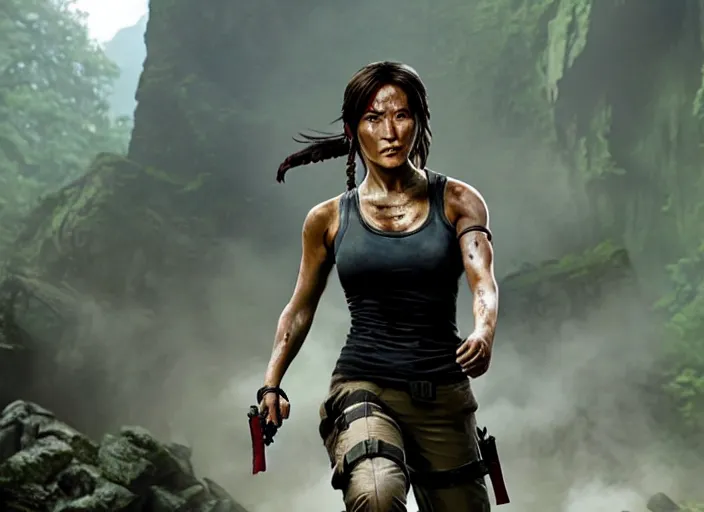 Image similar to film still of!!!! jackie chan jackie chan jackie chan!!! as lara croft in new tomb raider movie, 8 k