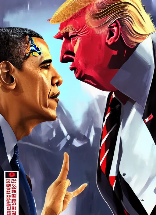 Prompt: barack obama vs donald trump manga cover art, detailed color portrait, artstation trending, 8 k, greg rutkowski,