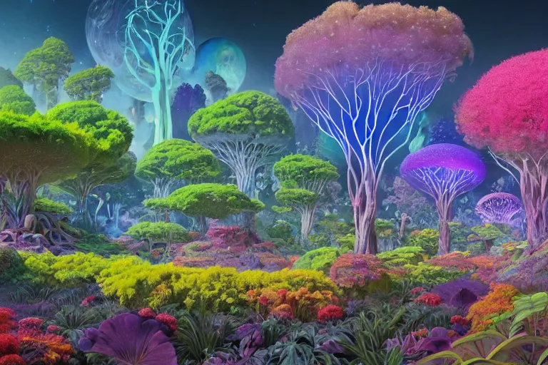 Prompt: a cosmic garden with glowing trees, flowers and plants by paolo eleuteri serpieri and tomer hanuka and chesley bonestell and daniel merriam and tomokazu matsuyama and makoto shinkai, clearly defined outlines, unreal engine, high resolution render, featured on artstation, octane, 8 k, highly intricate details, vivid colors