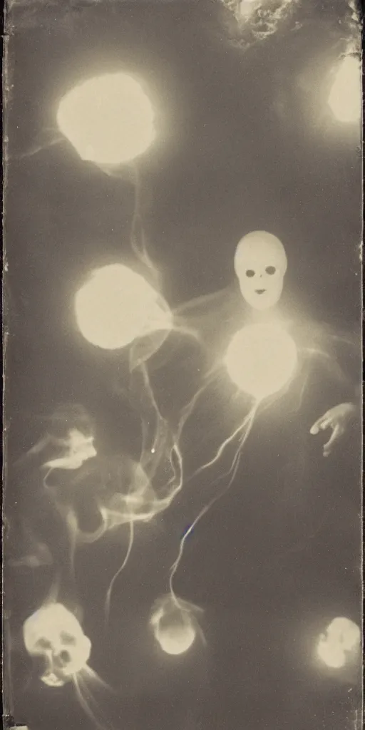 Image similar to spirit photography with glowing bulbous ectoplasm, scary reed people, sleep paralysis demon, 1 9 0 0 s, slimer, mourning family, invoke fear and dread, old photograph, daguerreotype, face of elon musk in the center