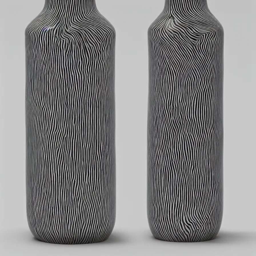 Image similar to beautiful gallery show studio photograph of a giant ceramic sculpture of a bottle, glazed by bridget riley and victor vasarely, placed on a polished wooden table, hyperrealism 8 k trending on artstation