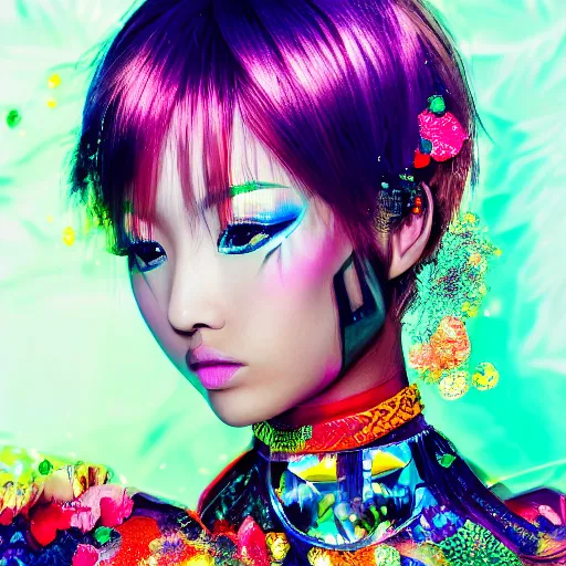 Image similar to japanese model with maximalist hair style and makeup, bright colors, fashion model, portrait shot, glitter, depth of field, 8 k, hyper detailed, intricate, trending on artstation