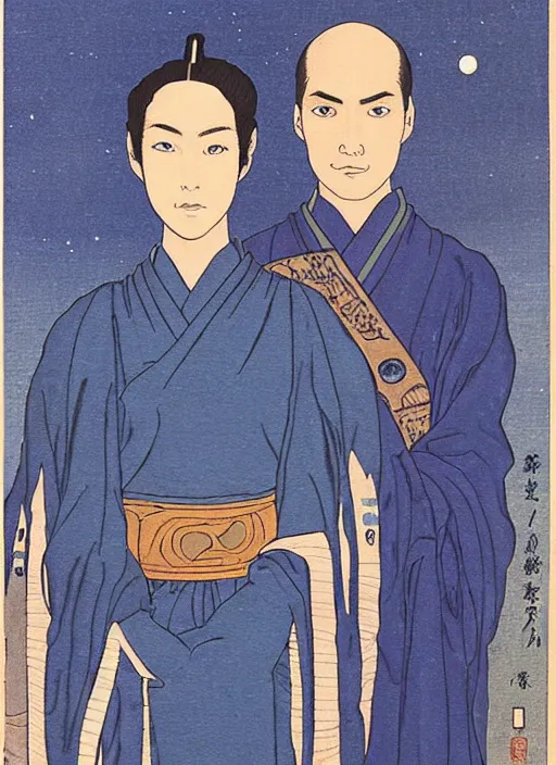 Prompt: portrait of emperor paul atreides and chani, dune, husband and wife, only 2 people, bright blue eyes, scifi, detailed, awe - striking, pious, space opera, in the style of yamato - e, traditional japanese painting, tosa school, tosa mitsuoki, tosa mitsunobu, iwasa matabei