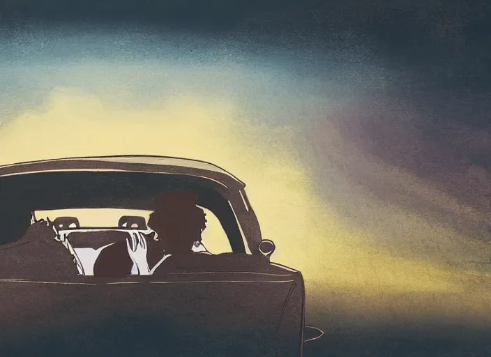 Prompt: a couple sits in a car at a drive - in movie, cinematic concept art