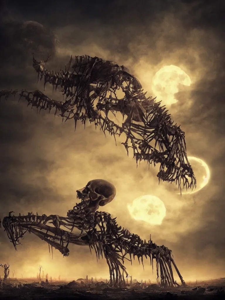 Prompt: a very large and scary skeleton with very soft and luminous colors dances in an apocalyptic landscape with steamer and smoke under the moon in twilight, darkart, hyperdetailed, hyperealistic, cinematography, 8k, Artstation, Deviantart, very beautiful