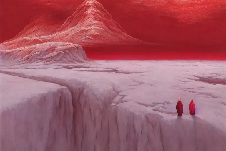 Image similar to surreal frozen landscape, painting by beeple and zdzisław beksinski, red color scheme, a matte painting by li shida, cgsociety, context art, redshift, matte painting, reimagined by industrial light and magic