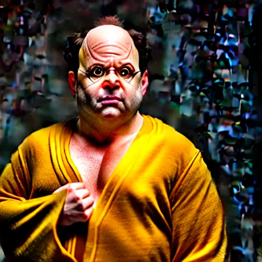 Image similar to uhd candid photo of jason alexander as a super sayian, glowing, global illumination, studio lighting, radiant light, detailed, correct face, elaborate intricate costume. photo by annie leibowitz