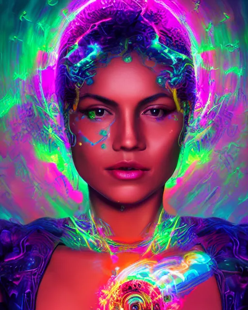 Image similar to a powerful energy psychedelic matrix latin woman, by alexander fedosav, hyper detailed digital matte painting, concept art, hyperrealism, 1 6 k resolution, cinema 4 d, 8 k resolution, trending on artstation, behance hd, a masterpiece, by stephan martiniere, particles, cel - shaded, power bright neon energy, by david a. hardy