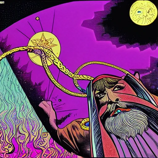 Image similar to a psychedelic wizard with time magic, highly detailed comic art by paul kirchner, 8 k