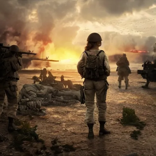 Image similar to footage of emma watson in d - day, unreal engine 5 highly rendered, radiant light, detailed and intricate environment, wide angle, cinematic lighting