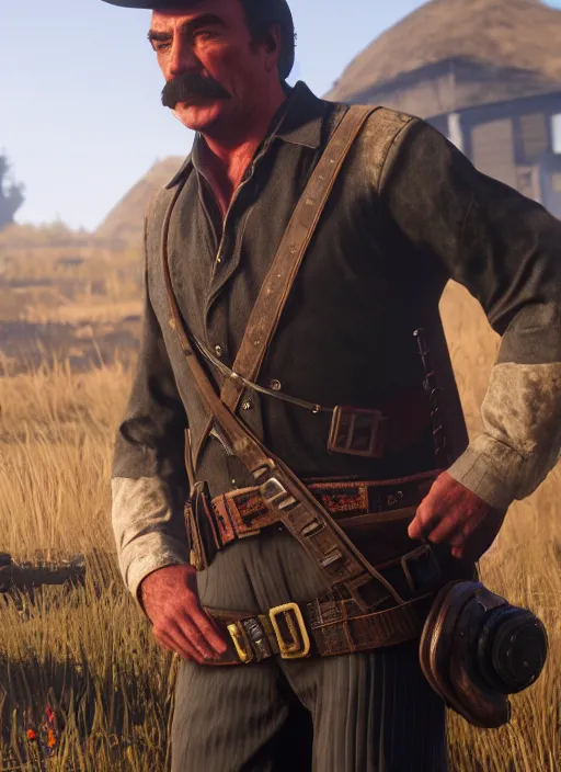 Image similar to film still of tom selleck as dutch van der linde in red dead redemption 2, gameplay, 8 k, hd