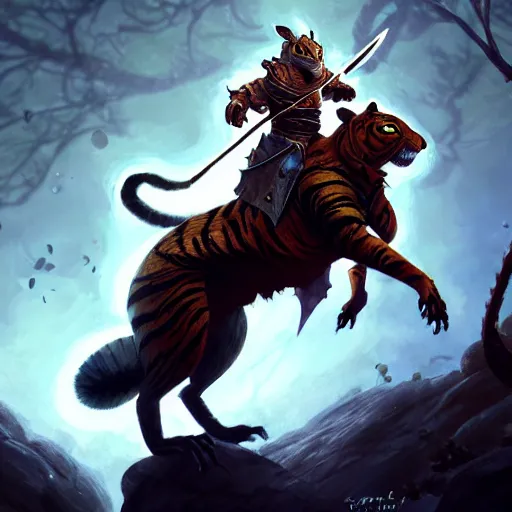 Image similar to Squirrel knight riding tiger, magic the gathering artwork, D&D, fantasy, cinematic lighting, centered, symmetrical, highly detailed, digital painting, artstation, concept art, smooth, sharp focus, illustration, volumetric lighting, epic Composition, 8k, art by Akihiko Yoshida and Greg Rutkowski and Craig Mullins, oil painting, cgsociety