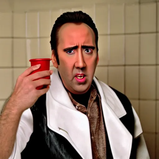 Image similar to nicolas cage doing coke on toilet seat