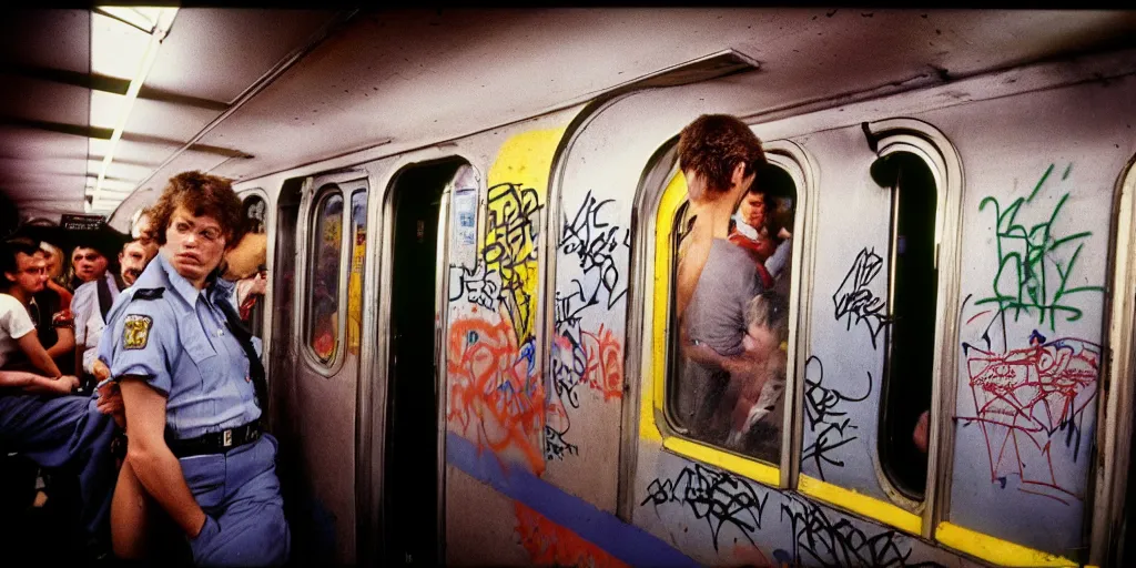 Image similar to new york subway cabin 1 9 8 0 s inside all in graffiti, policeman closeup, coloured film photography, christopher morris photography, bruce davidson photography