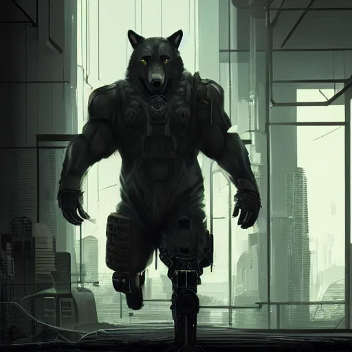 Prompt: a large muscular wolf wearing cyberpunk techwear in an office, artstation, high res, 4k