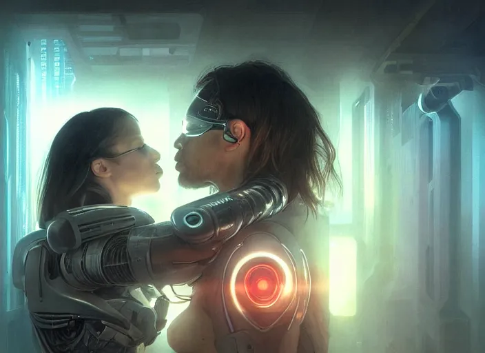 Prompt: ultra realistic medium shot of a couple of cyborgs kissing, lovers, romantic, cyberpunk, sci - fi, fantasy, kodak, colour led, soft light, volumetric lighting, fog, rays, night, intricate, highly detailed, digital painting, concept art, smooth, sharp focus, illustration, art by artgerm and greg rutkowski and alphonse mucha