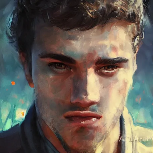 Image similar to photorealistic portrait of gerald darmanin gerald darmanin gerald darmanin gerald darmanin as a sad pathetic alpha male, immature, fantasy, ugly, depth of field, bokeh, soft focus, detailed, soft glow, caravagio, high contreast, art by artgerm