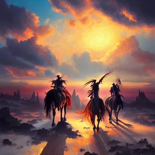 Prompt: a beautiful painting of ghost riders in the sky, sunset, by wlop, tooth wu and charlie russell