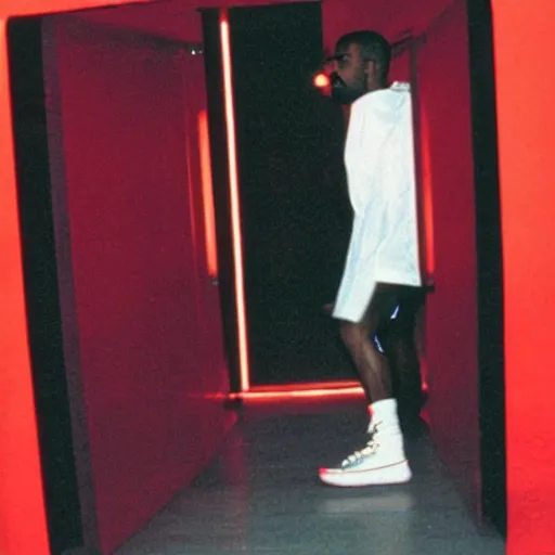 Prompt: 1980s film photograph of kanye west stepping through a bright red rectangle portal, blurry, grainy, liminal